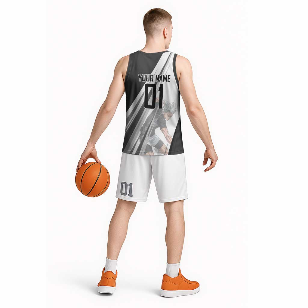 Personalized Garou Volleyball Action Design Basketball Jersey with Monochrome Stripes and Dynamic Pose