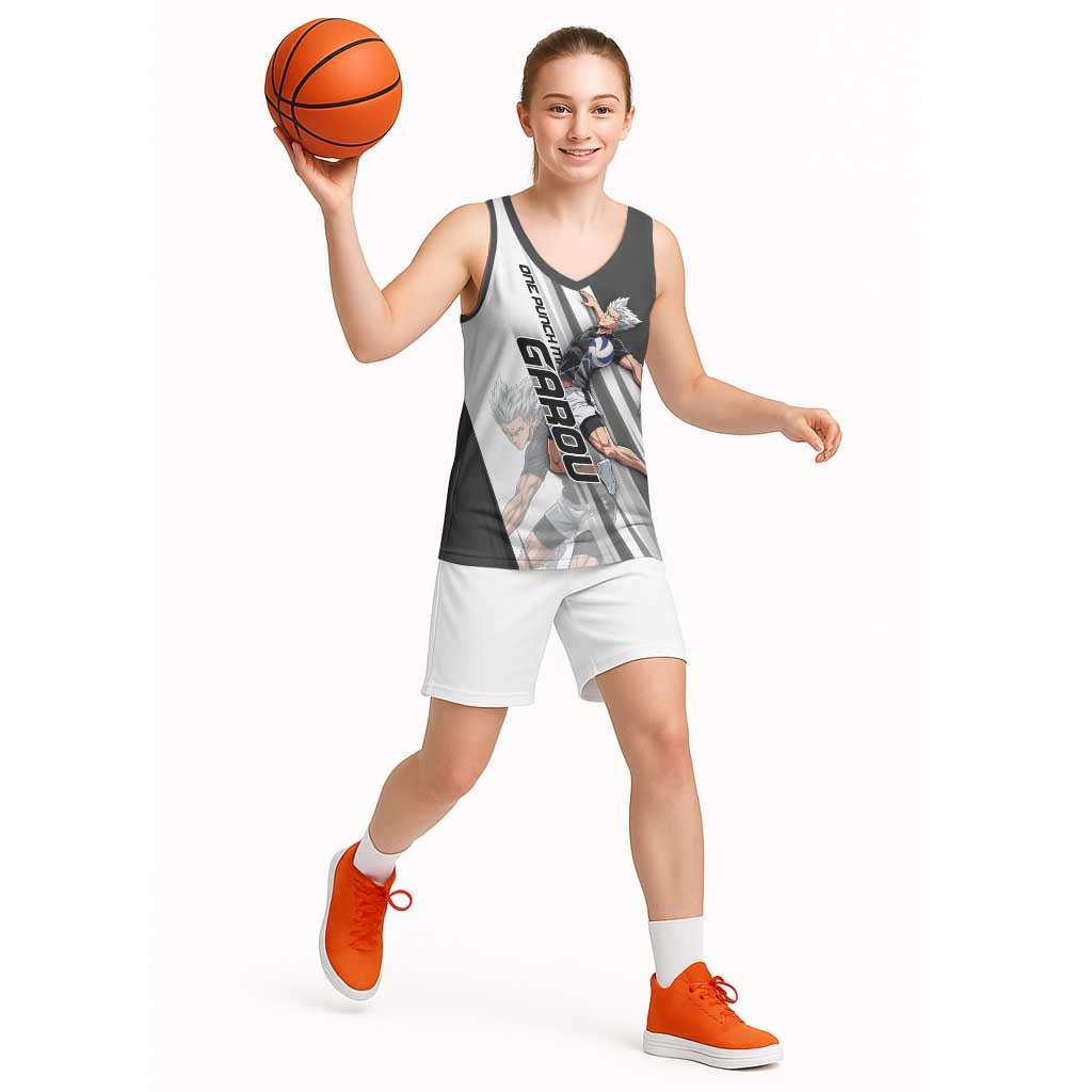 Personalized Garou Volleyball Action Design Basketball Jersey with Monochrome Stripes and Dynamic Pose