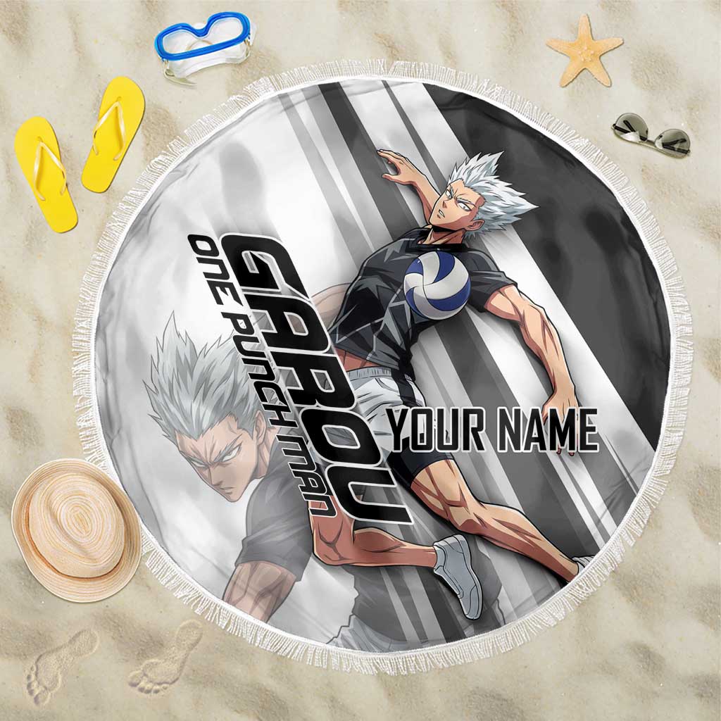 Personalized Garou Volleyball Action Design Beach Blanket with Monochrome Stripes and Dynamic Pose