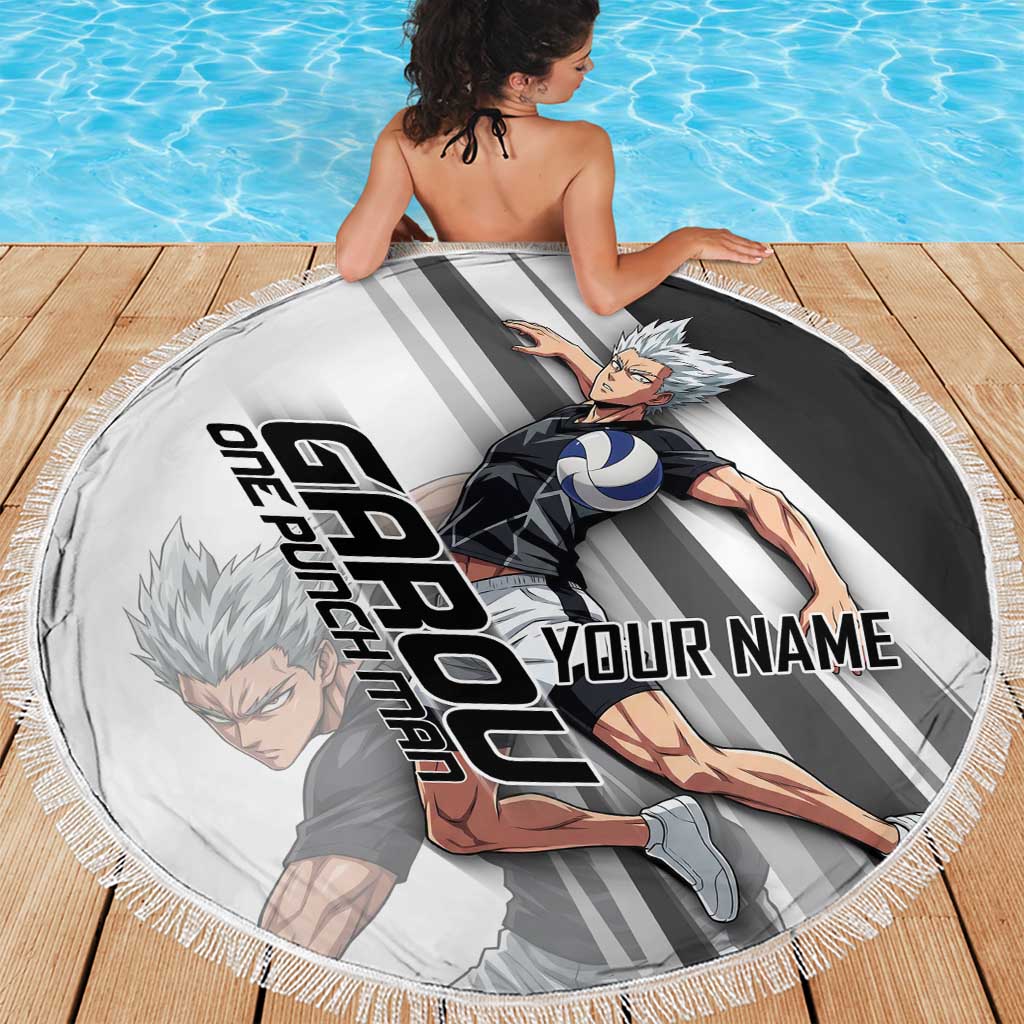 Personalized Garou Volleyball Action Design Beach Blanket with Monochrome Stripes and Dynamic Pose