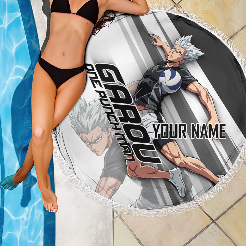 Personalized Garou Volleyball Action Design Beach Blanket with Monochrome Stripes and Dynamic Pose