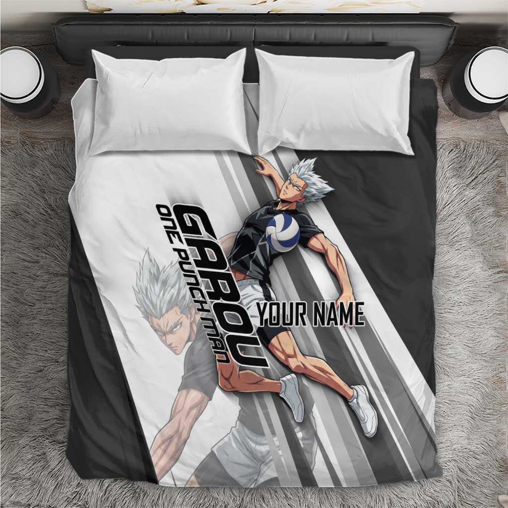 Personalized Garou Volleyball Action Design Bedding Set with Monochrome Stripes and Dynamic Pose