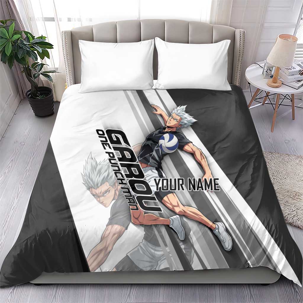 Personalized Garou Volleyball Action Design Bedding Set with Monochrome Stripes and Dynamic Pose