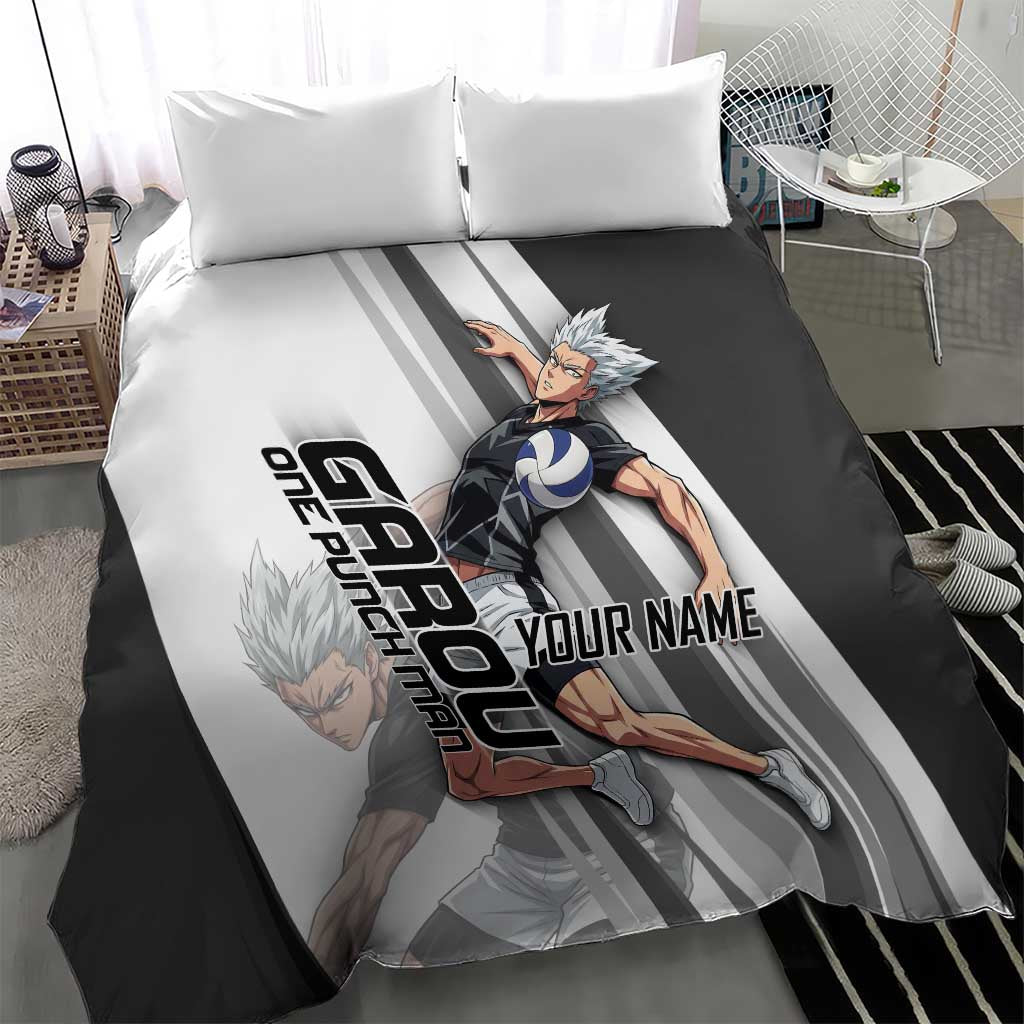 Personalized Garou Volleyball Action Design Bedding Set with Monochrome Stripes and Dynamic Pose