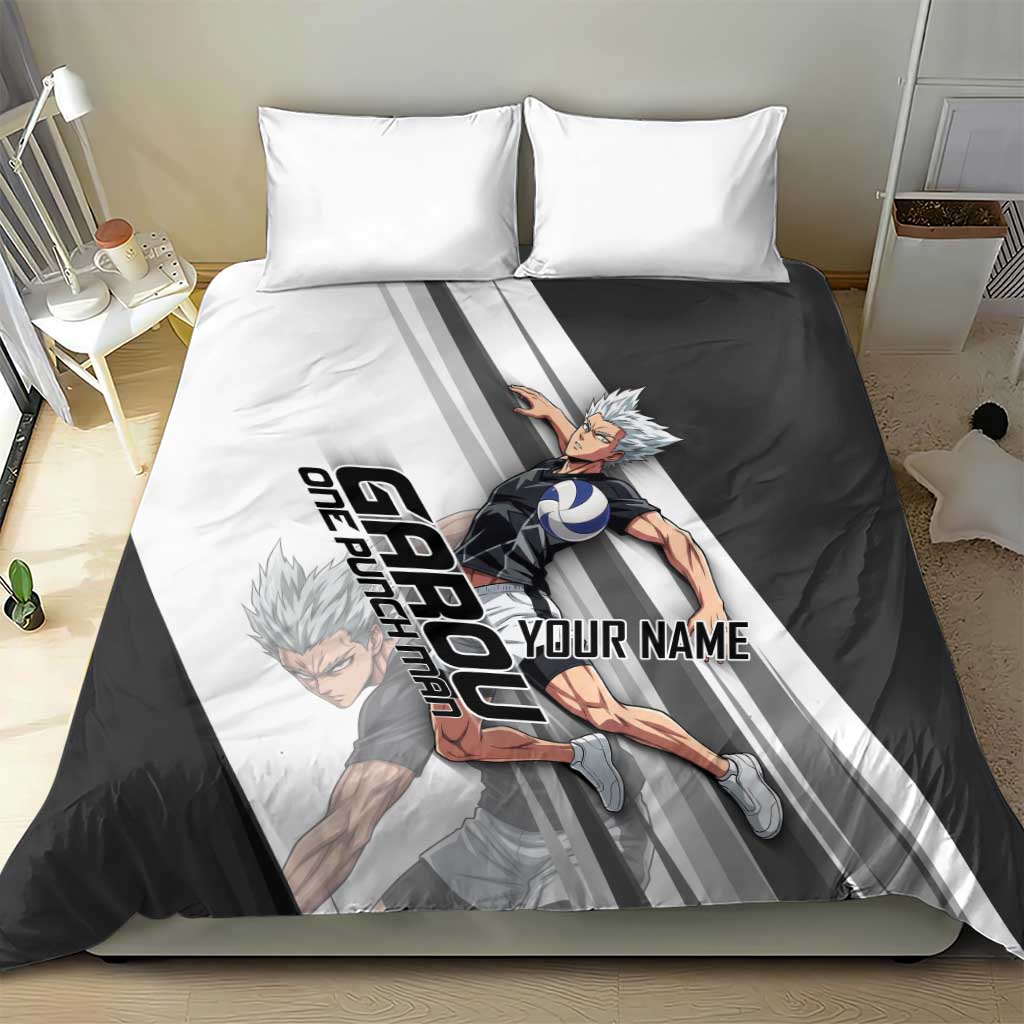 Personalized Garou Volleyball Action Design Bedding Set with Monochrome Stripes and Dynamic Pose