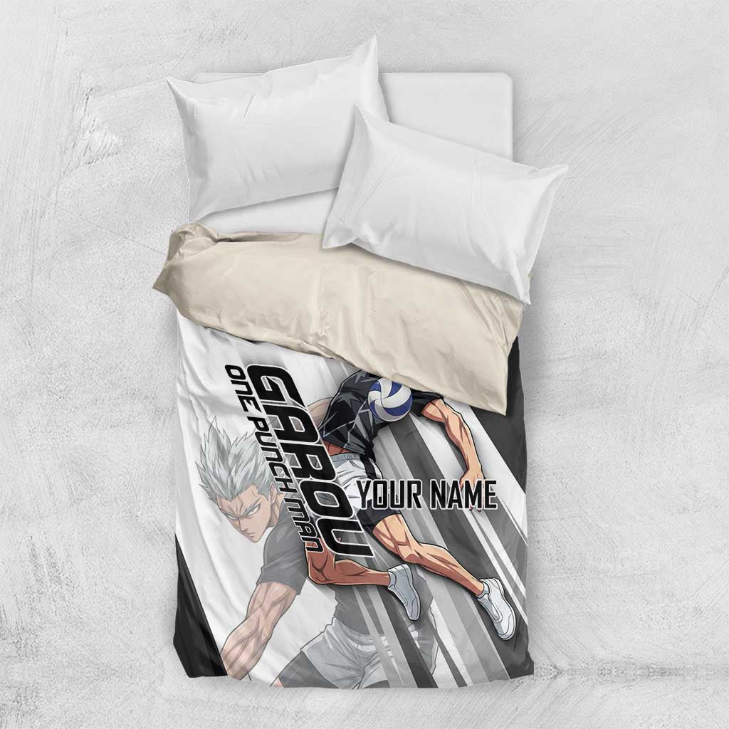 Personalized Garou Volleyball Action Design Bedding Set with Monochrome Stripes and Dynamic Pose