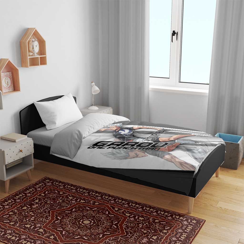 Personalized Garou Volleyball Action Design Bedding Set with Monochrome Stripes and Dynamic Pose