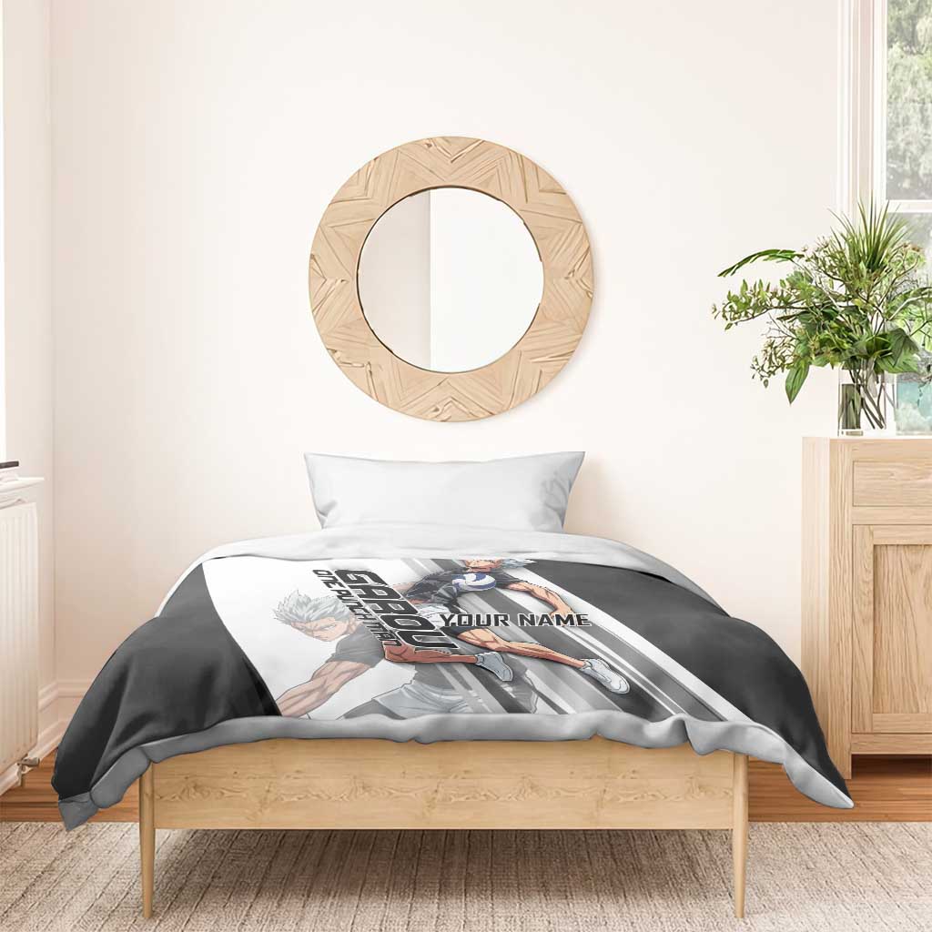 Personalized Garou Volleyball Action Design Bedding Set with Monochrome Stripes and Dynamic Pose