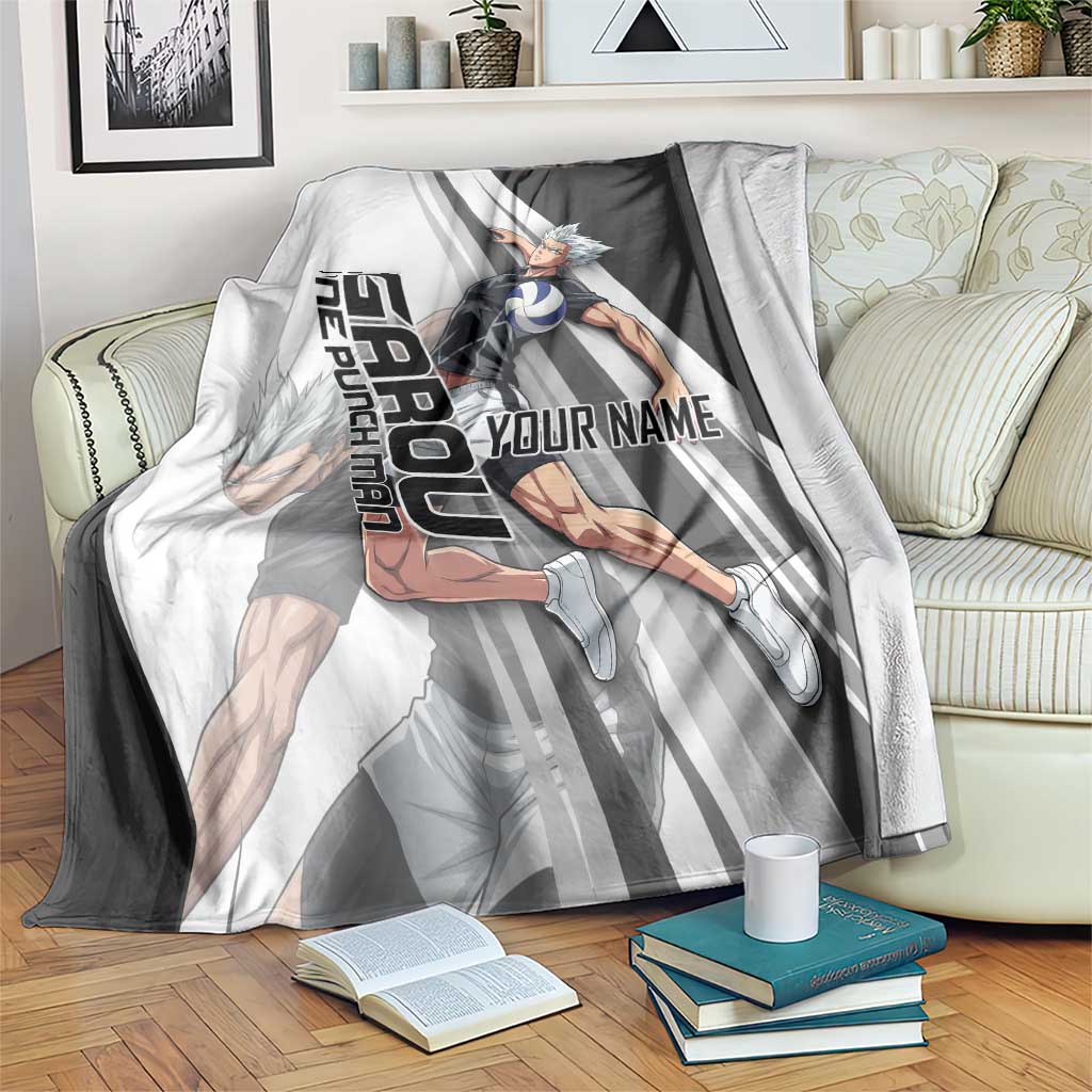Personalized Garou Volleyball Action Design Blanket with Monochrome Stripes and Dynamic Pose
