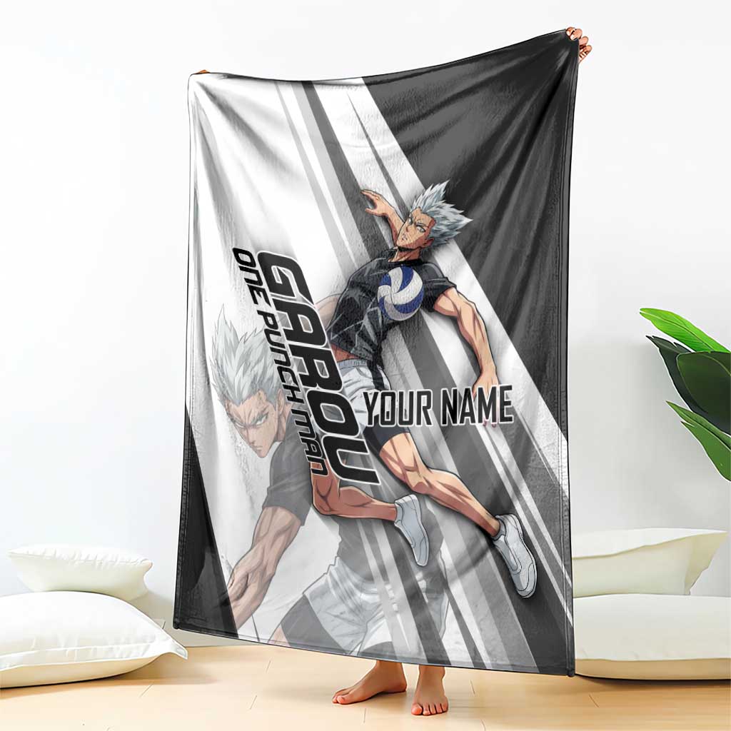 Personalized Garou Volleyball Action Design Blanket with Monochrome Stripes and Dynamic Pose