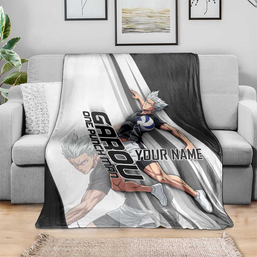 Personalized Garou Volleyball Action Design Blanket with Monochrome Stripes and Dynamic Pose