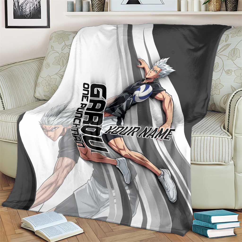 Personalized Garou Volleyball Action Design Blanket with Monochrome Stripes and Dynamic Pose