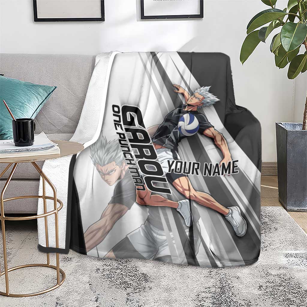 Personalized Garou Volleyball Action Design Blanket with Monochrome Stripes and Dynamic Pose