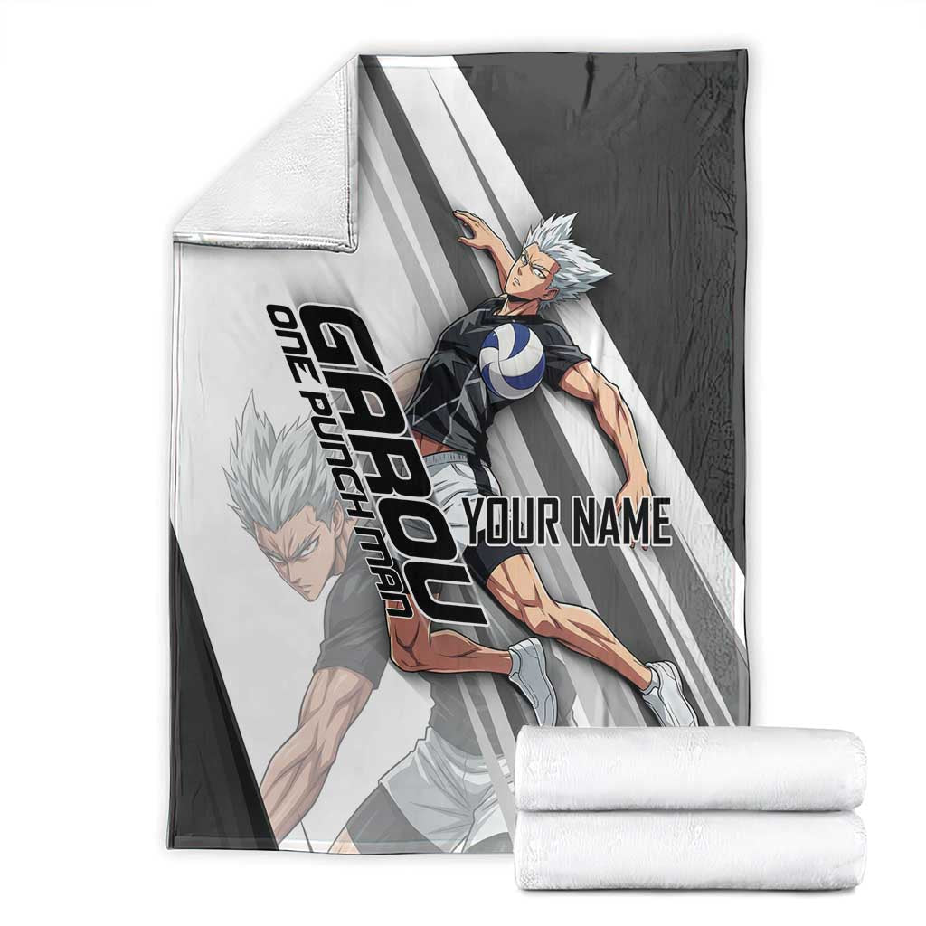 Personalized Garou Volleyball Action Design Blanket with Monochrome Stripes and Dynamic Pose