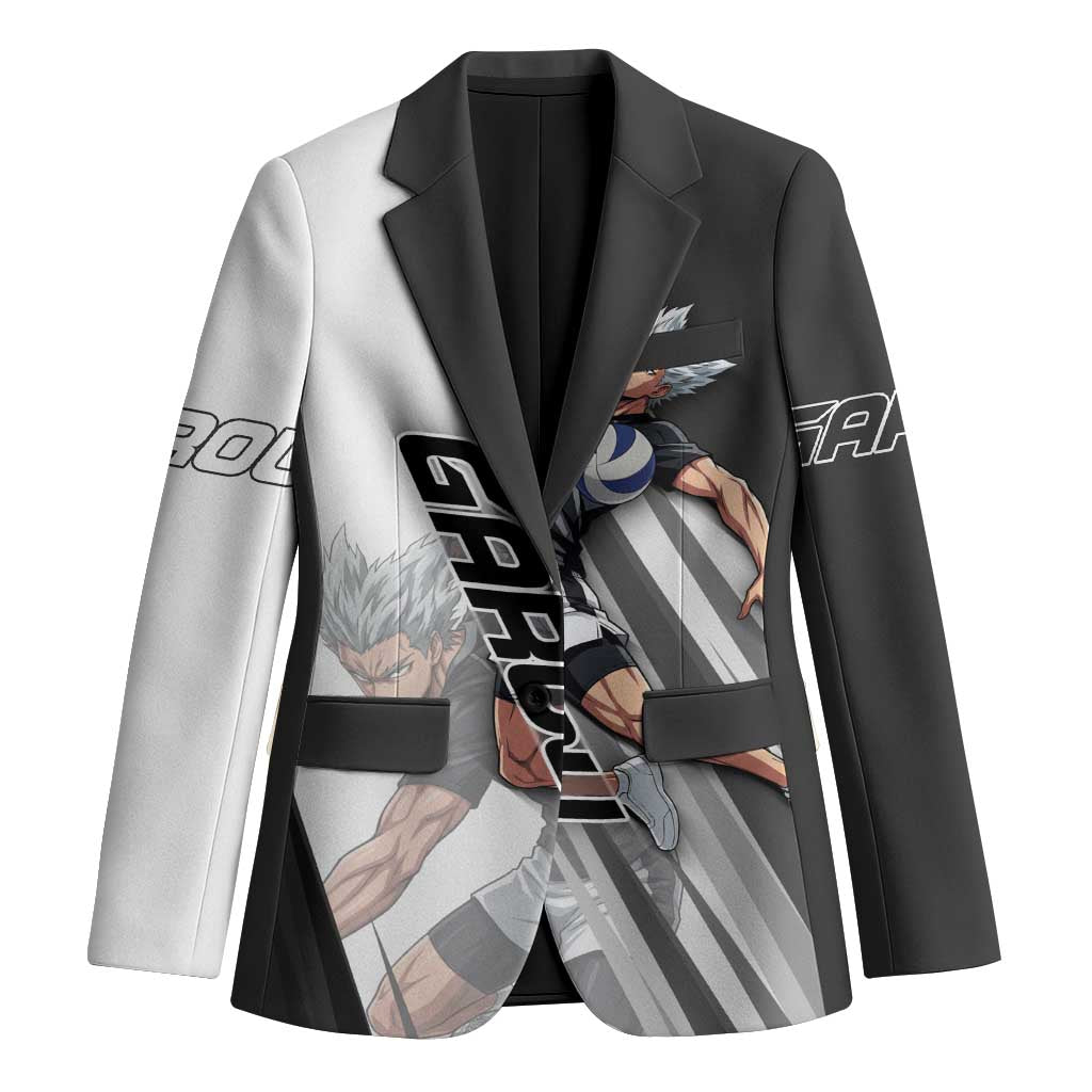 Personalized Garou Volleyball Action Design Blazer with Monochrome Stripes and Dynamic Pose