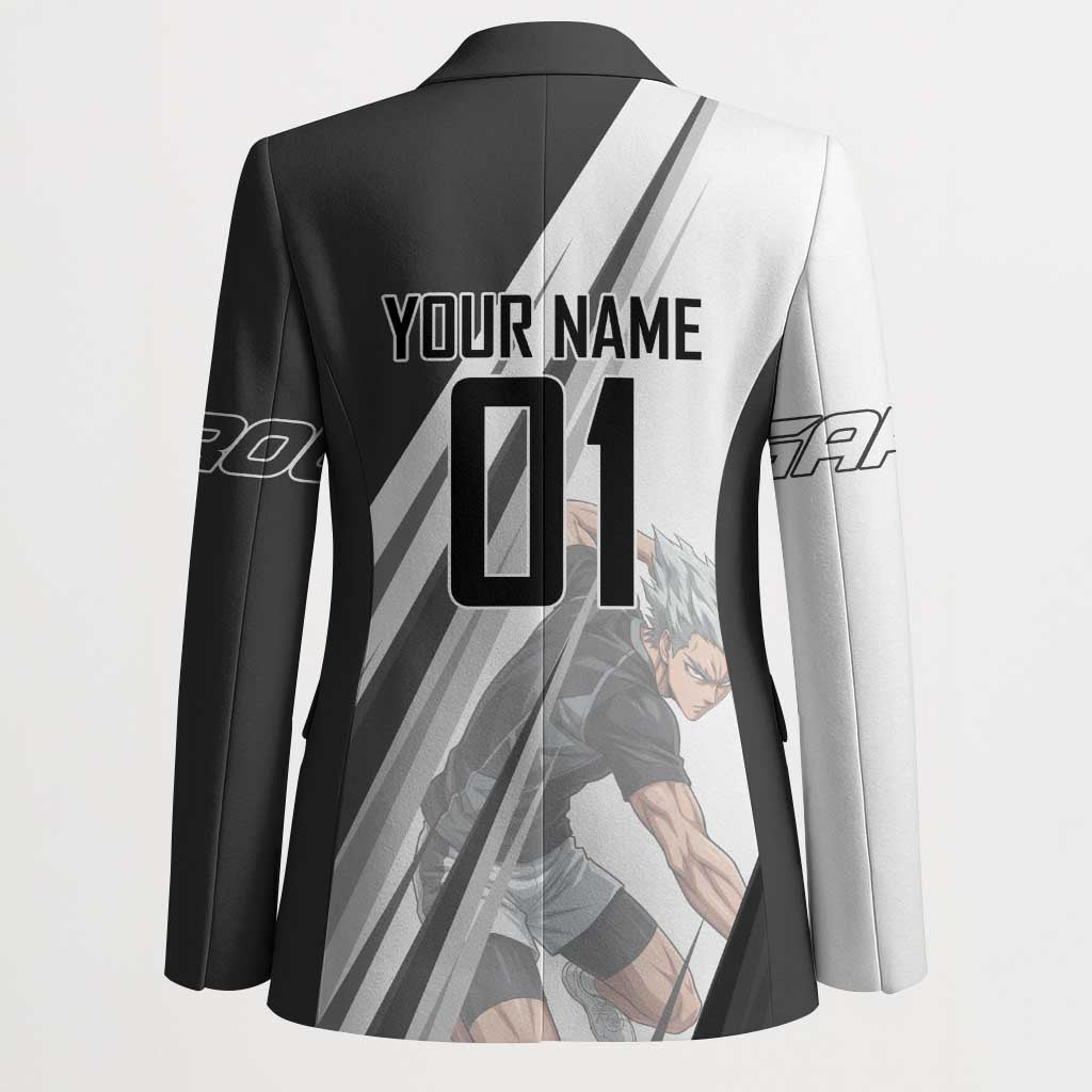 Personalized Garou Volleyball Action Design Blazer with Monochrome Stripes and Dynamic Pose