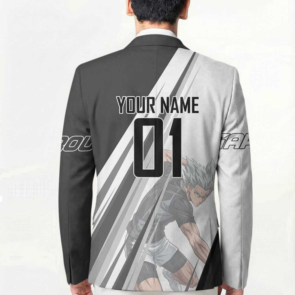 Personalized Garou Volleyball Action Design Blazer with Monochrome Stripes and Dynamic Pose