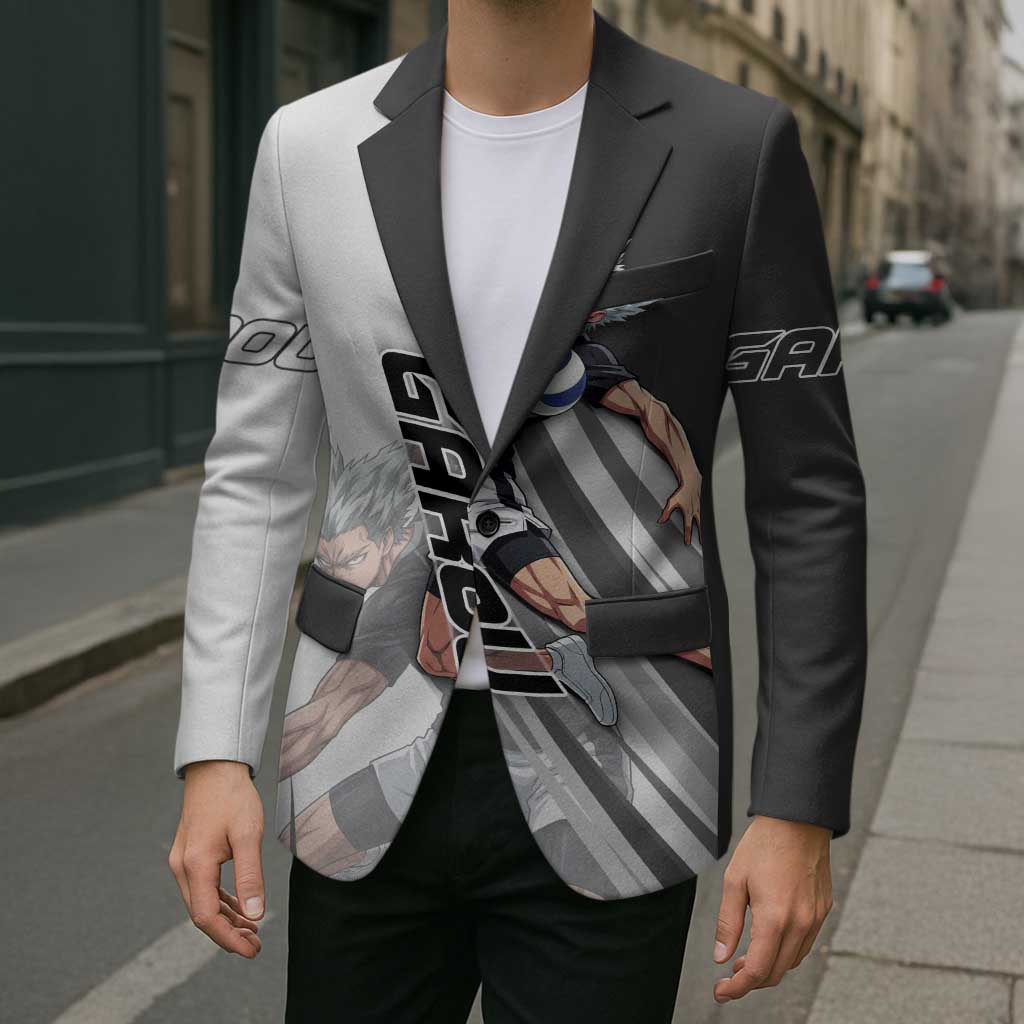 Personalized Garou Volleyball Action Design Blazer with Monochrome Stripes and Dynamic Pose