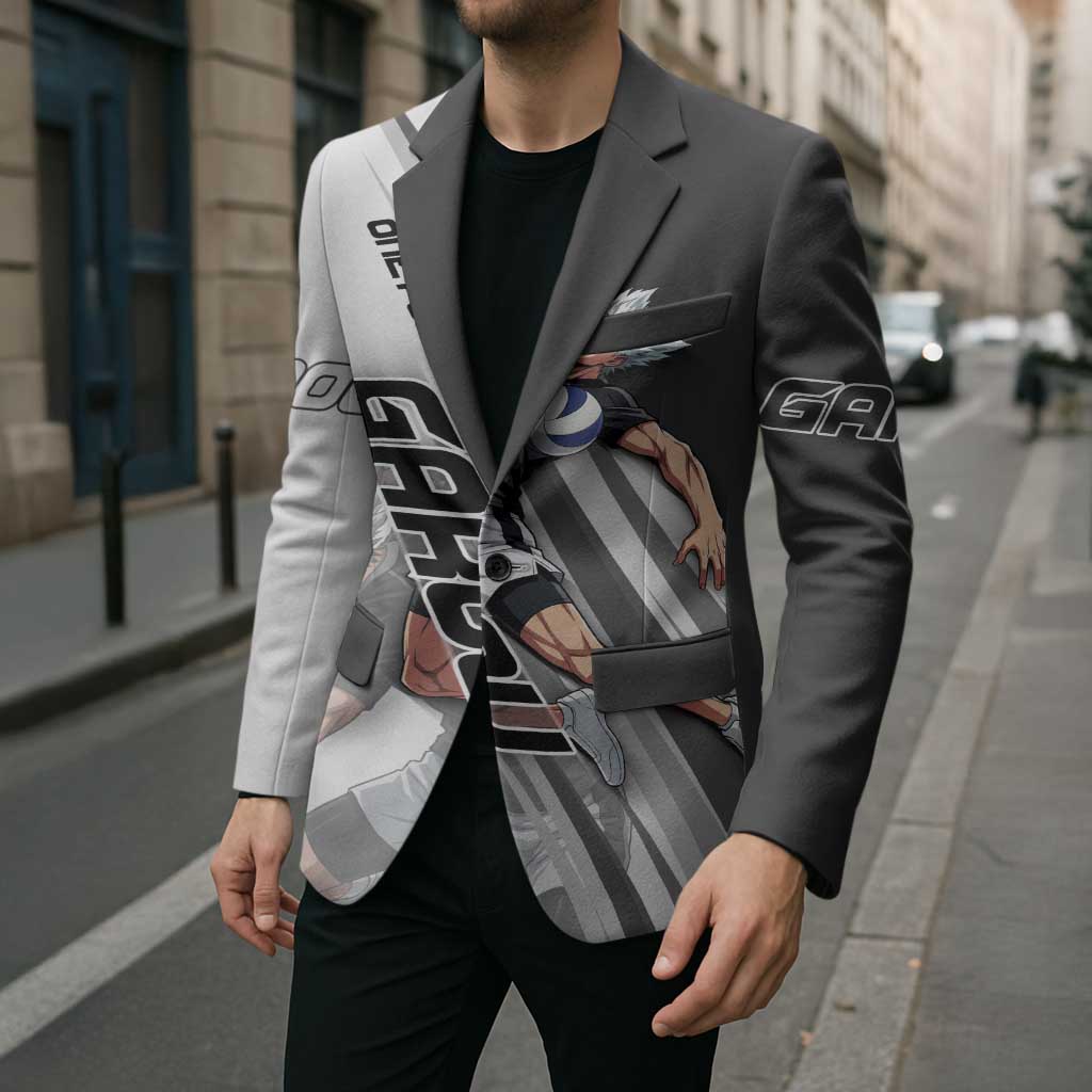 Personalized Garou Volleyball Action Design Blazer with Monochrome Stripes and Dynamic Pose