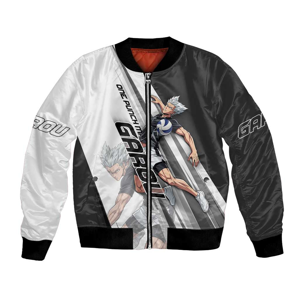 Personalized Garou Volleyball Action Design Bomber Jacket with Monochrome Stripes and Dynamic Pose