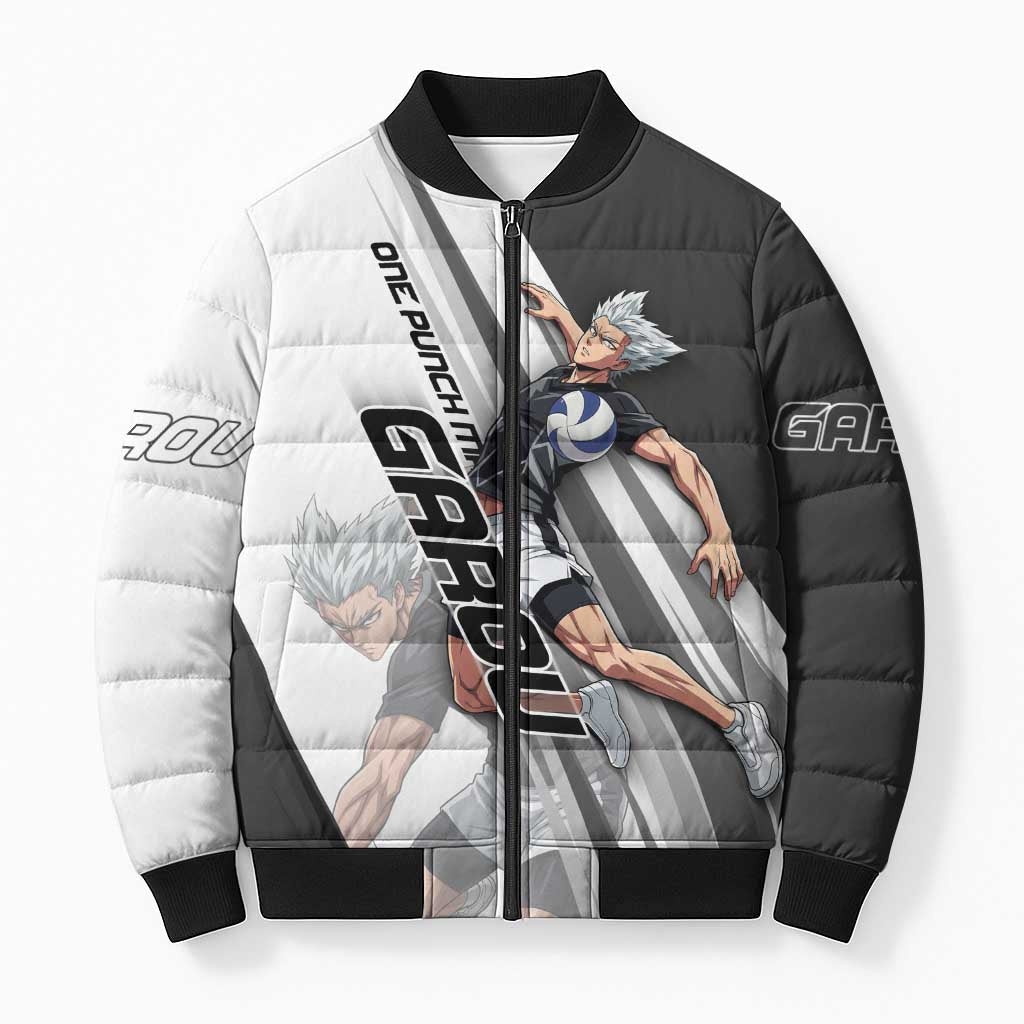 Personalized Garou Volleyball Action Design Bomber Puffer Jacket with Monochrome Stripes and Dynamic Pose