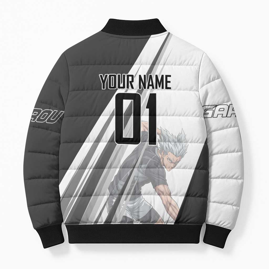 Personalized Garou Volleyball Action Design Bomber Puffer Jacket with Monochrome Stripes and Dynamic Pose
