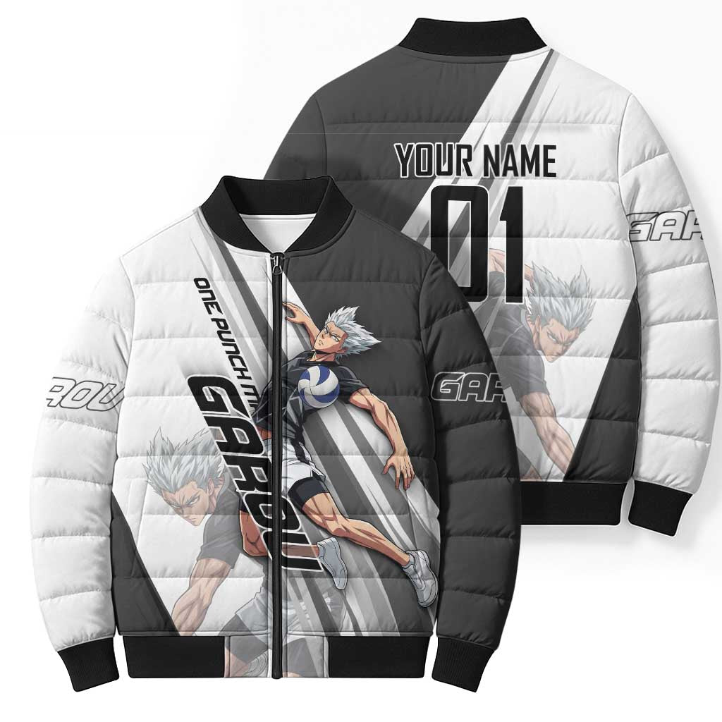 Personalized Garou Volleyball Action Design Bomber Puffer Jacket with Monochrome Stripes and Dynamic Pose