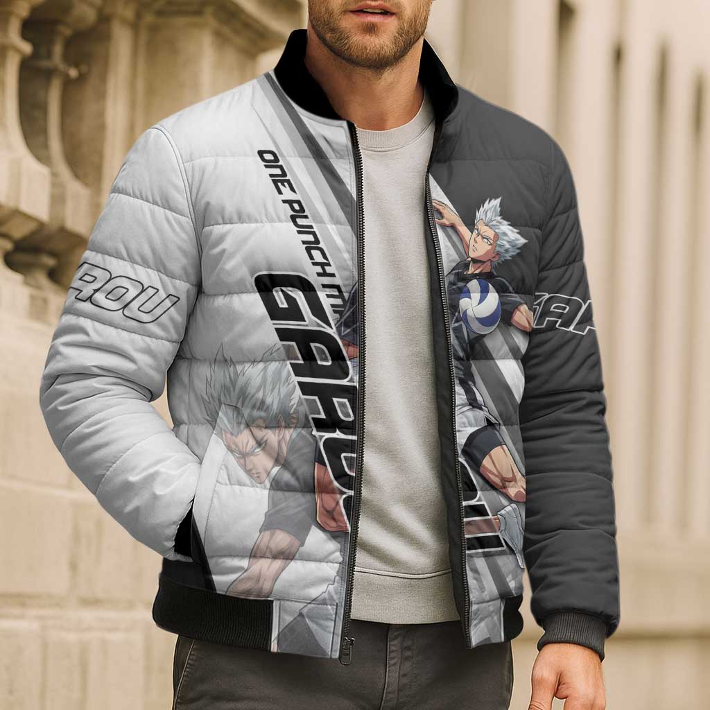 Personalized Garou Volleyball Action Design Bomber Puffer Jacket with Monochrome Stripes and Dynamic Pose