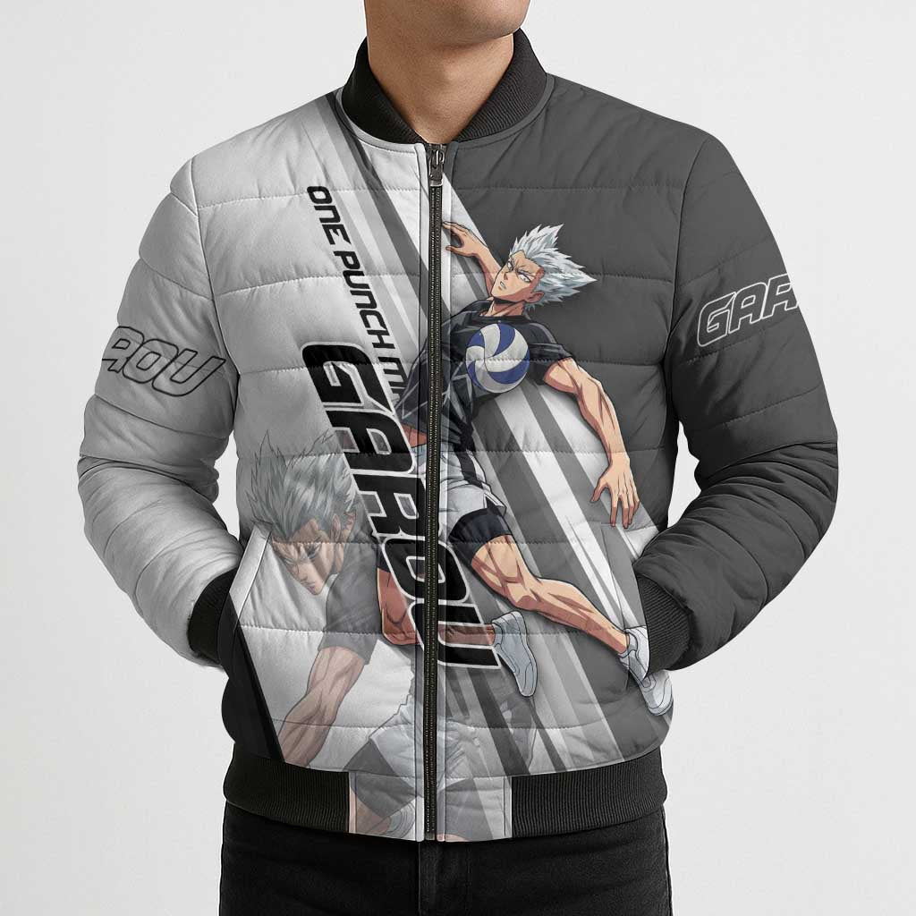 Personalized Garou Volleyball Action Design Bomber Puffer Jacket with Monochrome Stripes and Dynamic Pose