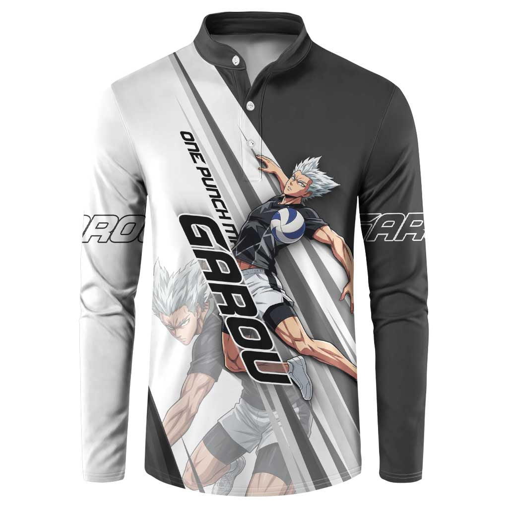 Personalized Garou Volleyball Action Design Button Sweatshirt with Monochrome Stripes and Dynamic Pose