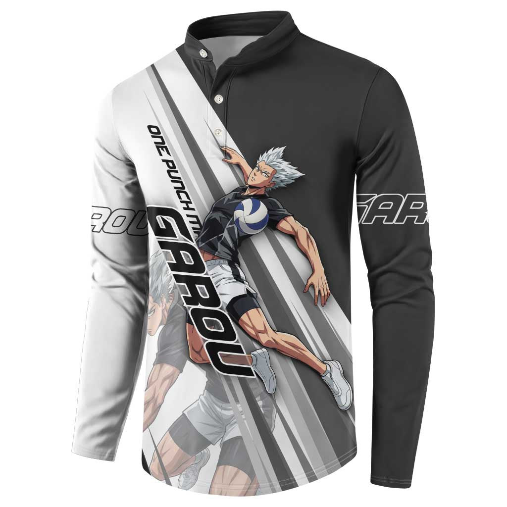 Personalized Garou Volleyball Action Design Button Sweatshirt with Monochrome Stripes and Dynamic Pose