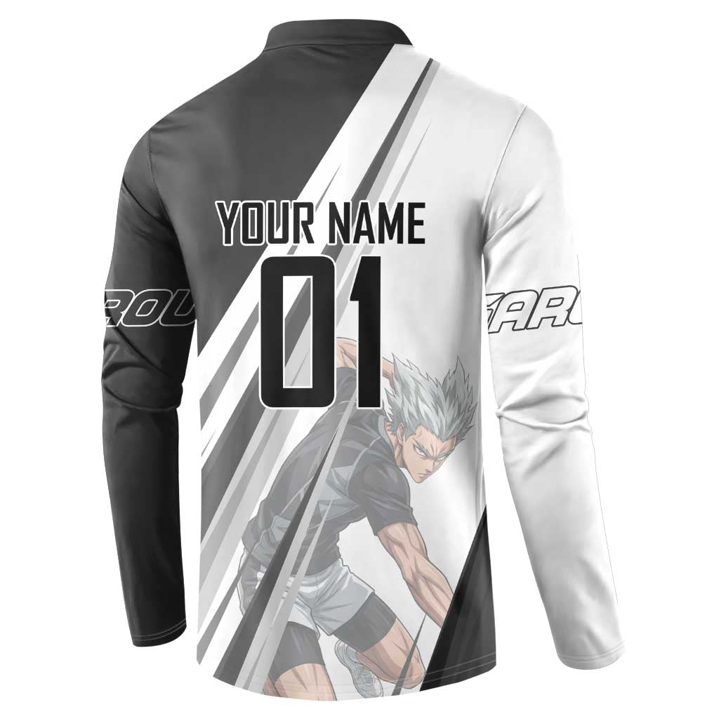 Personalized Garou Volleyball Action Design Button Sweatshirt with Monochrome Stripes and Dynamic Pose