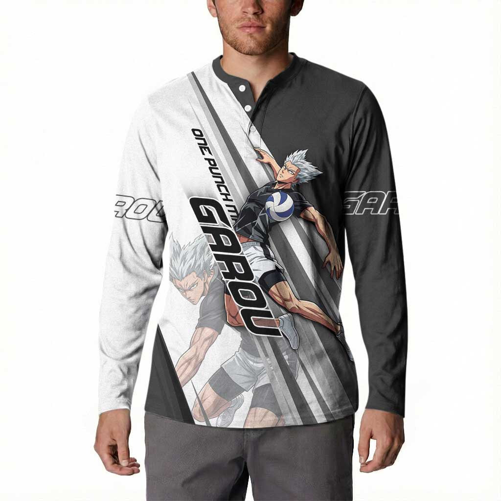 Personalized Garou Volleyball Action Design Button Sweatshirt with Monochrome Stripes and Dynamic Pose