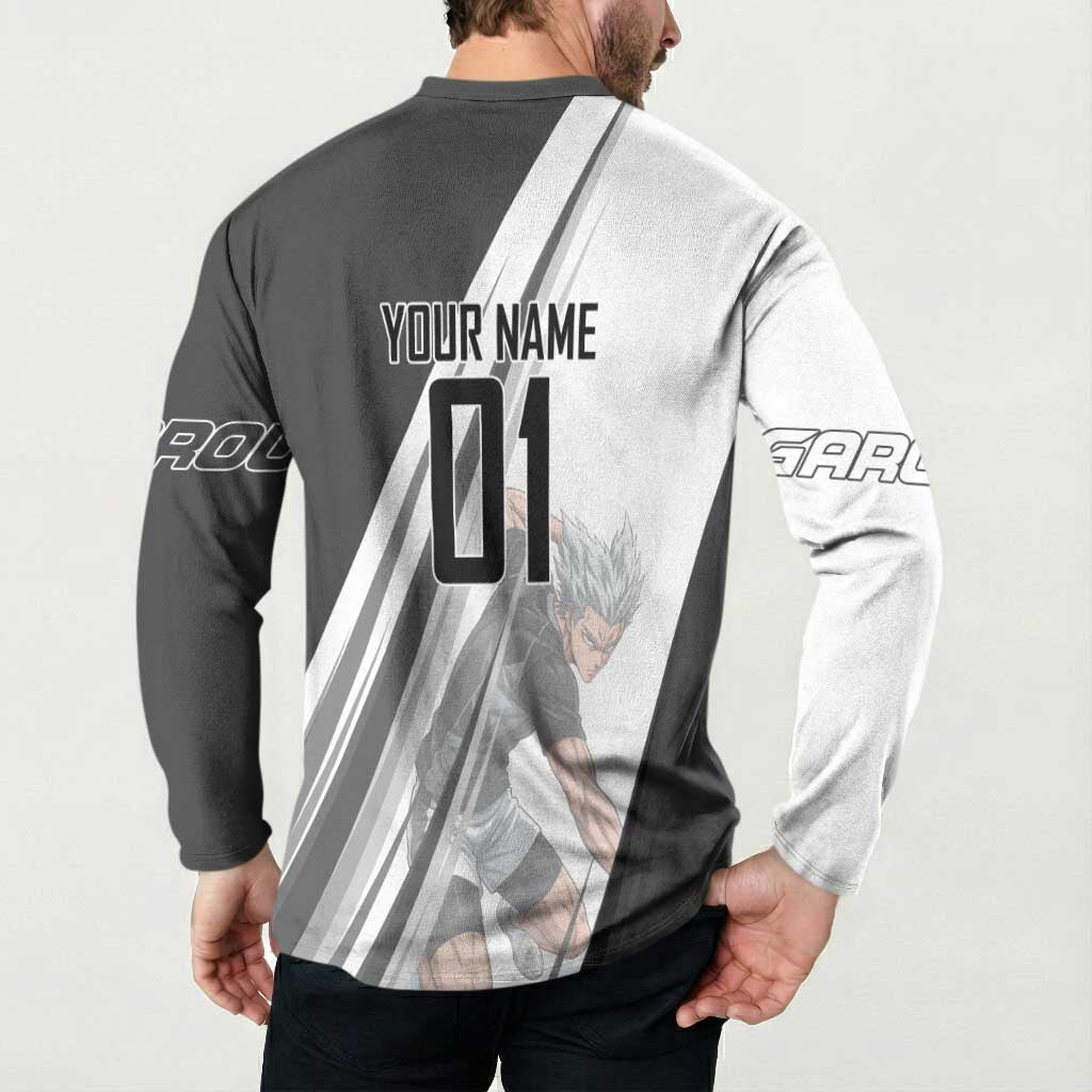 Personalized Garou Volleyball Action Design Button Sweatshirt with Monochrome Stripes and Dynamic Pose