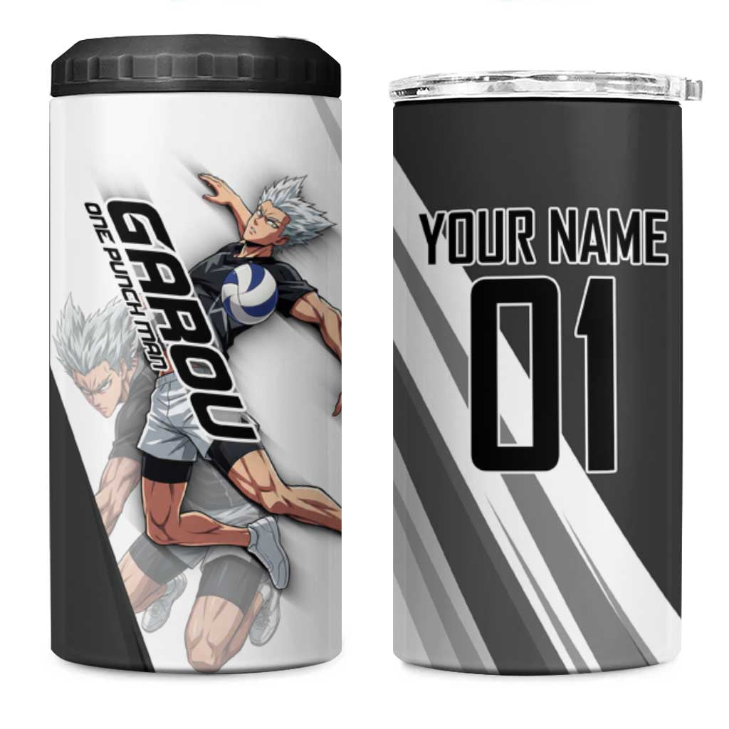 Personalized Garou Volleyball Action Design 4 in 1 Can Cooler Tumbler with Monochrome Stripes and Dynamic Pose