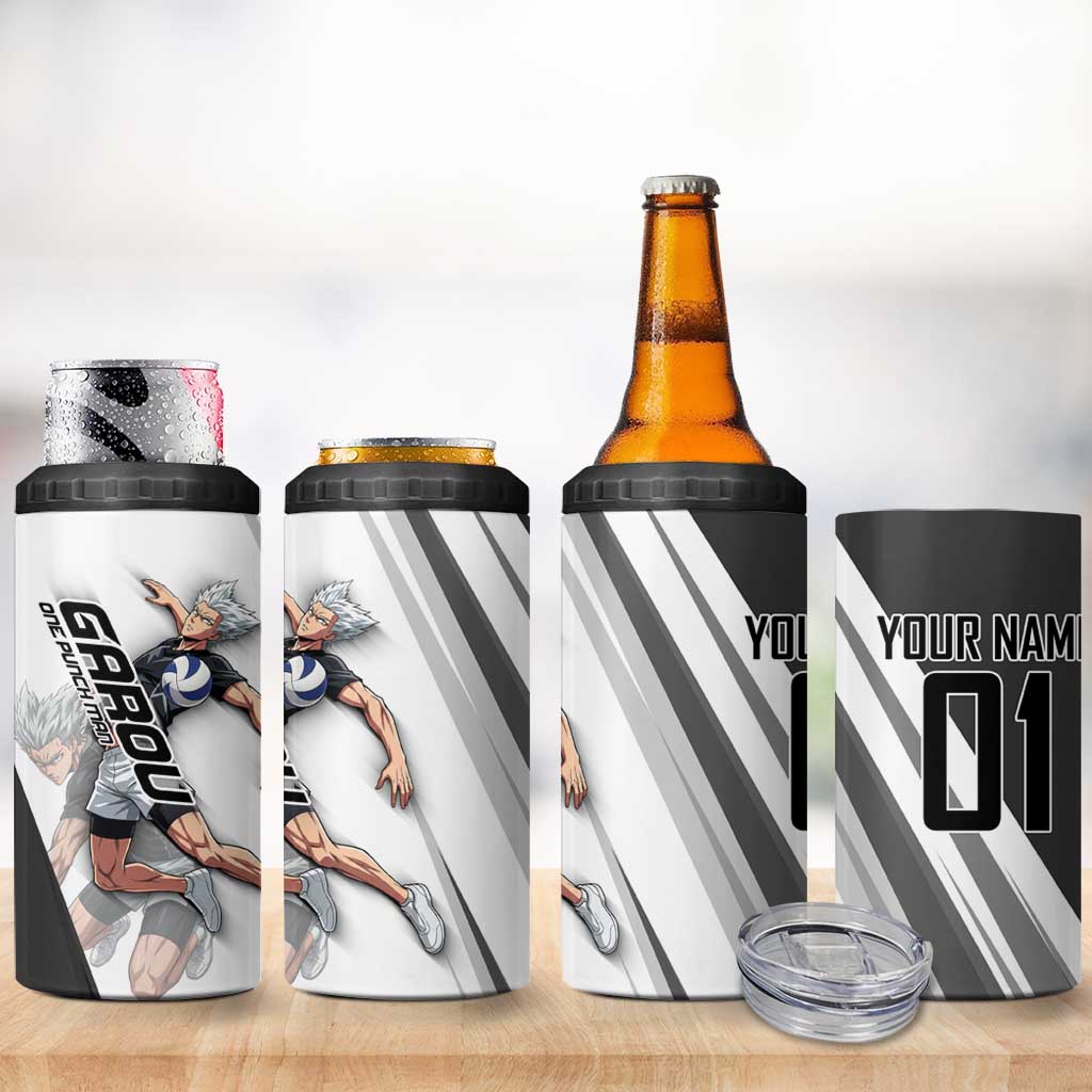 Personalized Garou Volleyball Action Design 4 in 1 Can Cooler Tumbler with Monochrome Stripes and Dynamic Pose