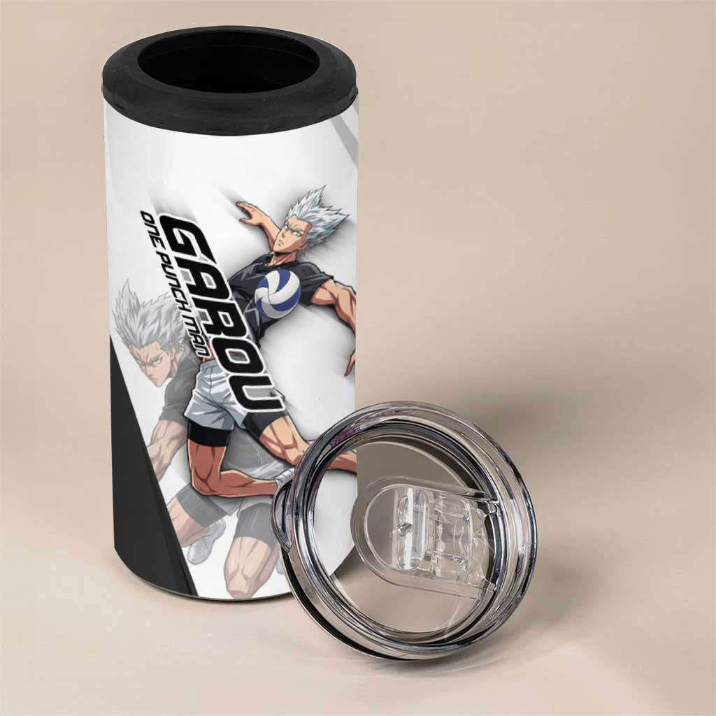 Personalized Garou Volleyball Action Design 4 in 1 Can Cooler Tumbler with Monochrome Stripes and Dynamic Pose