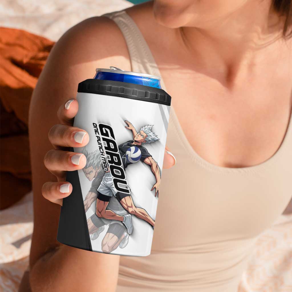 Personalized Garou Volleyball Action Design 4 in 1 Can Cooler Tumbler with Monochrome Stripes and Dynamic Pose