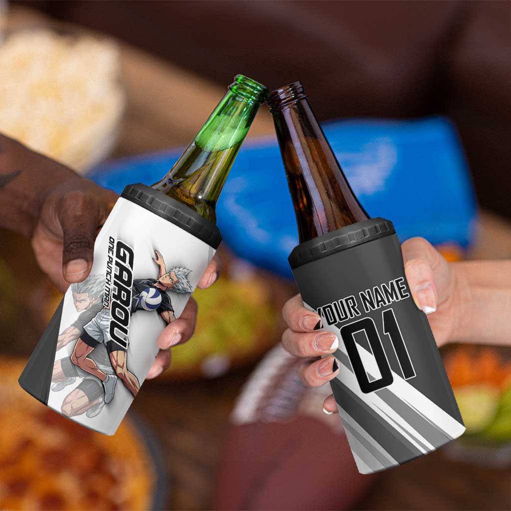 Personalized Garou Volleyball Action Design 4 in 1 Can Cooler Tumbler with Monochrome Stripes and Dynamic Pose