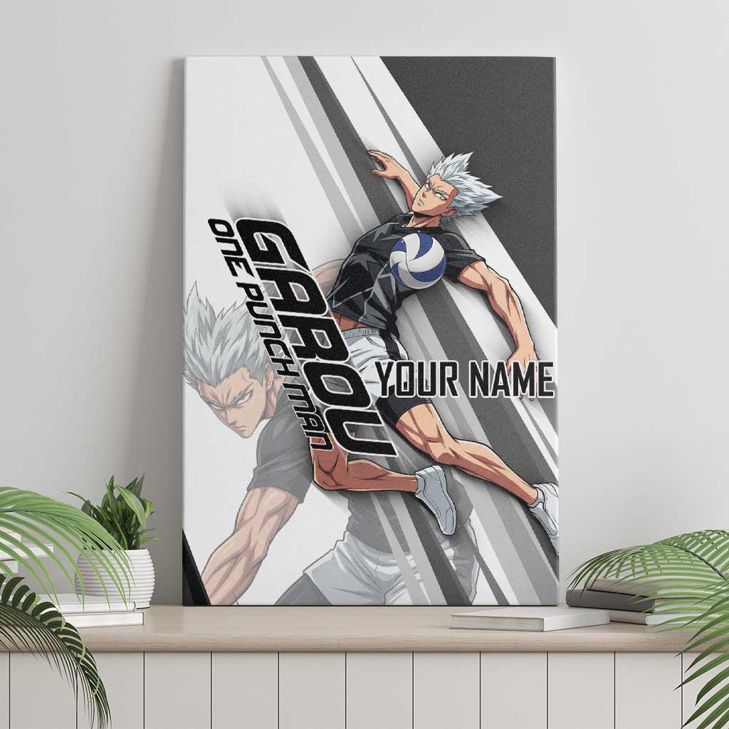 Personalized Garou Volleyball Action Design Canvas Wall Art with Monochrome Stripes and Dynamic Pose