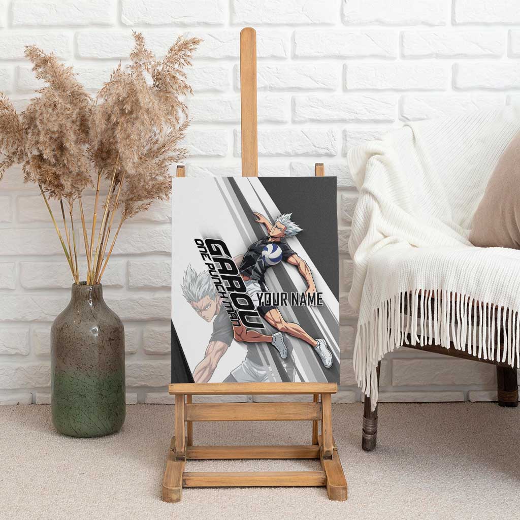 Personalized Garou Volleyball Action Design Canvas Wall Art with Monochrome Stripes and Dynamic Pose
