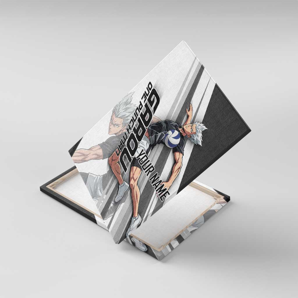 Personalized Garou Volleyball Action Design Canvas Wall Art with Monochrome Stripes and Dynamic Pose