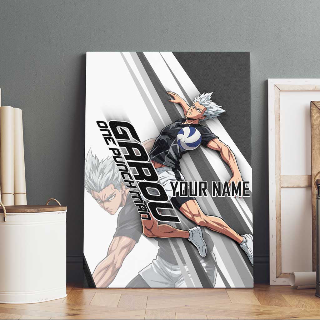 Personalized Garou Volleyball Action Design Canvas Wall Art with Monochrome Stripes and Dynamic Pose