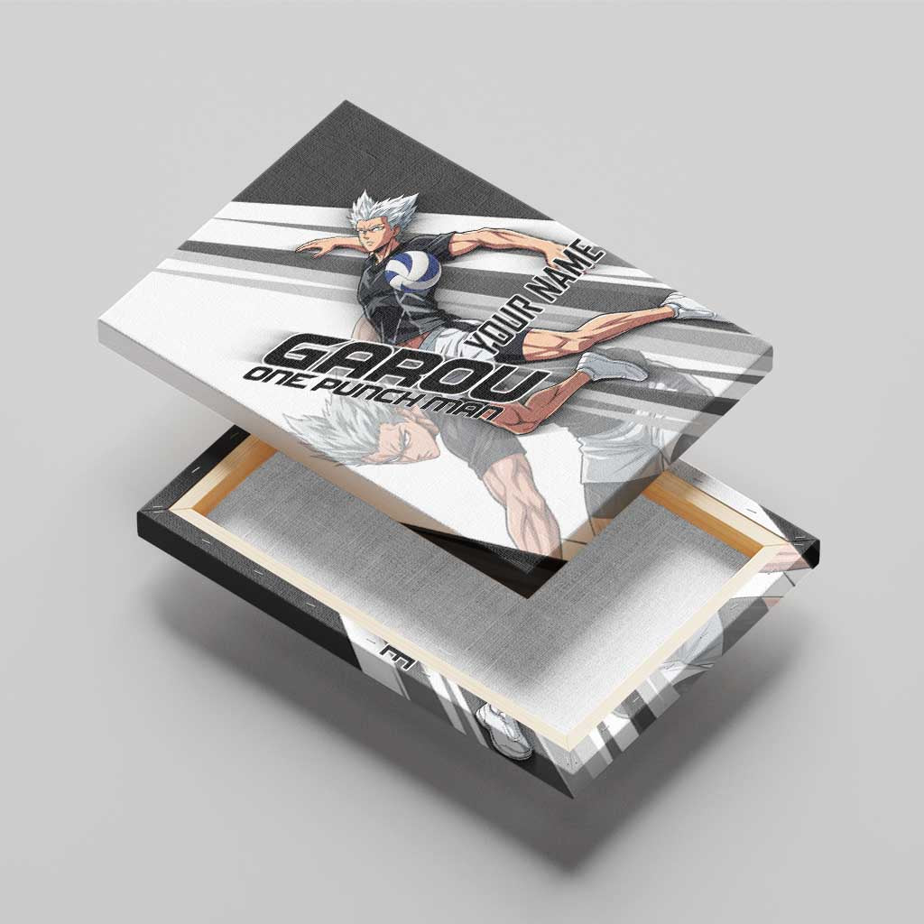 Personalized Garou Volleyball Action Design Canvas Wall Art with Monochrome Stripes and Dynamic Pose