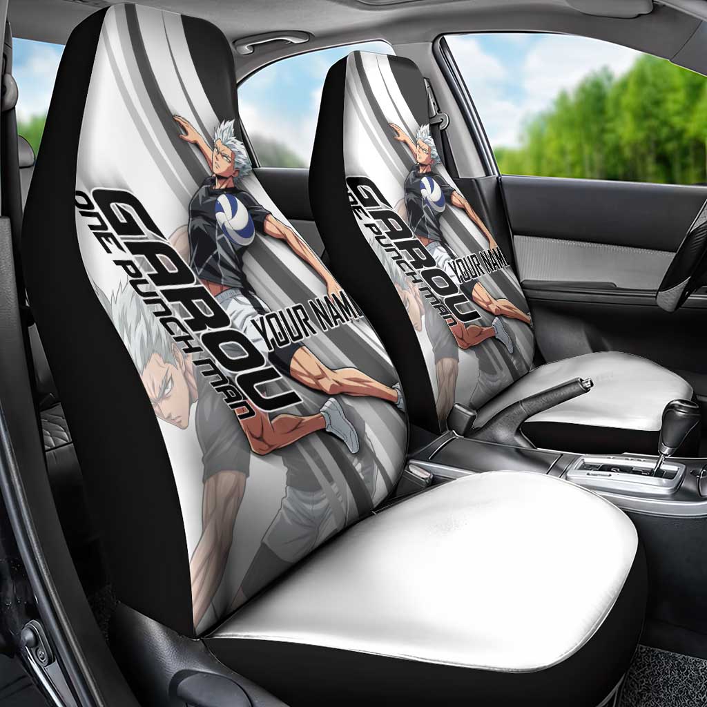 Personalized Garou Volleyball Action Design Car Seat Cover with Monochrome Stripes and Dynamic Pose