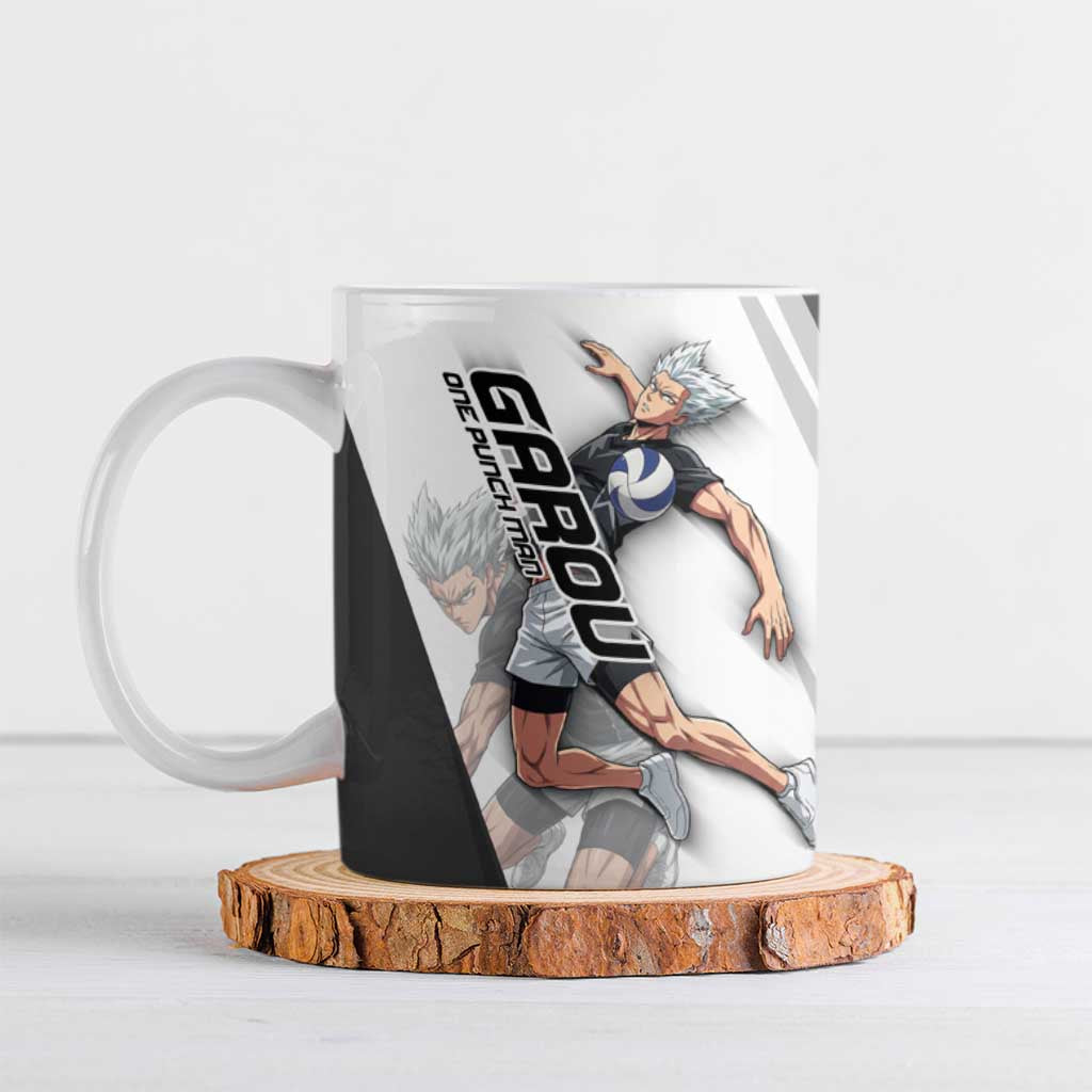 Personalized Garou Volleyball Action Design Ceramic Mug with Monochrome Stripes and Dynamic Pose