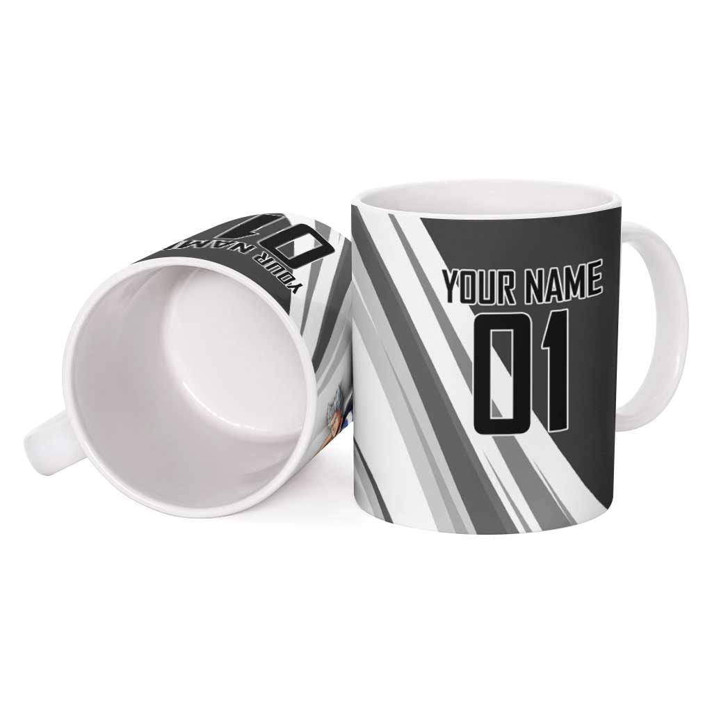 Personalized Garou Volleyball Action Design Ceramic Mug with Monochrome Stripes and Dynamic Pose