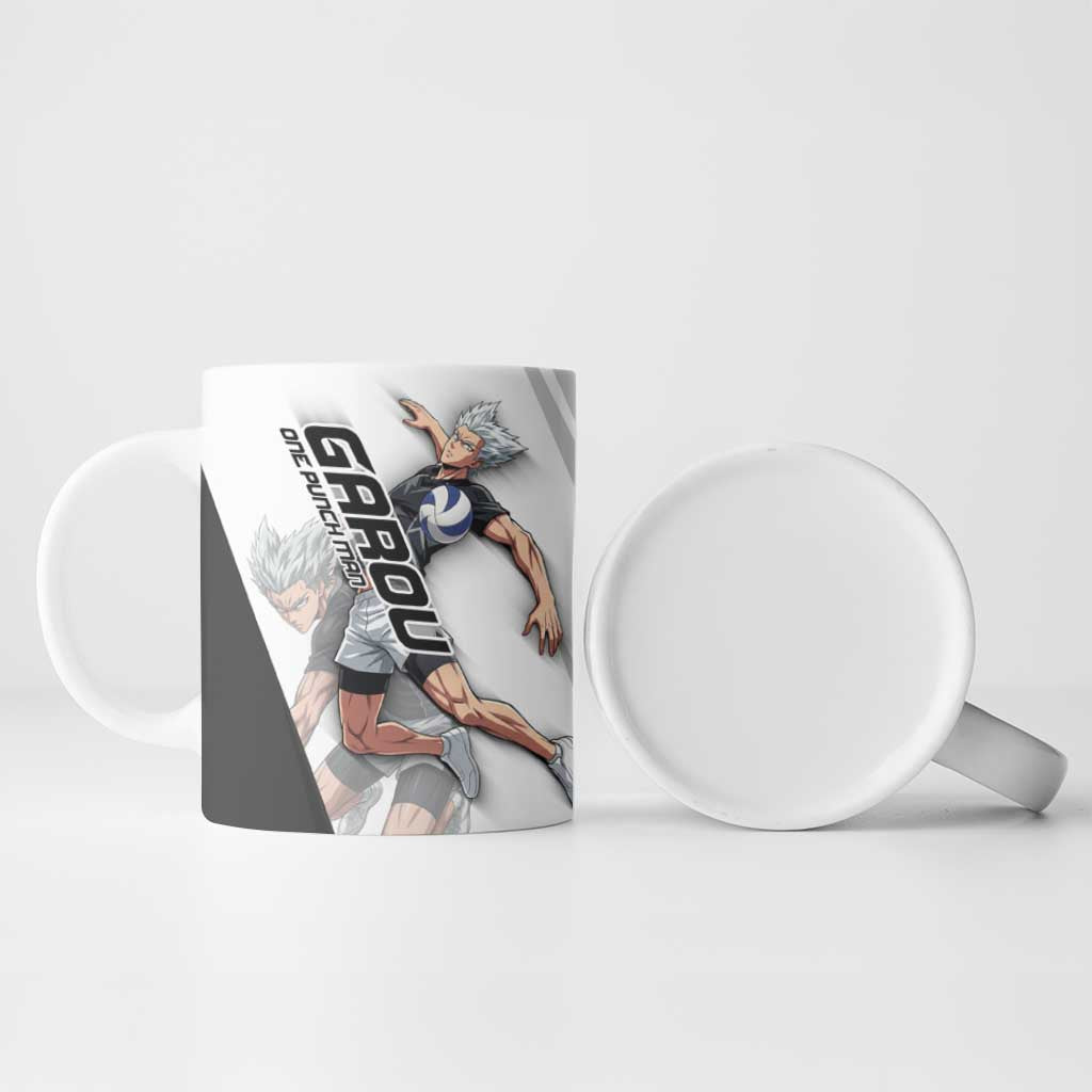 Personalized Garou Volleyball Action Design Ceramic Mug with Monochrome Stripes and Dynamic Pose