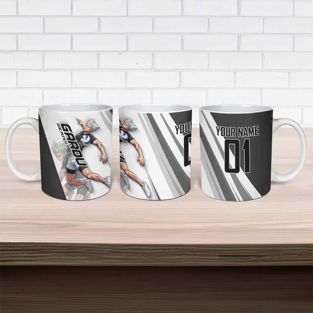 Personalized Garou Volleyball Action Design Ceramic Mug with Monochrome Stripes and Dynamic Pose