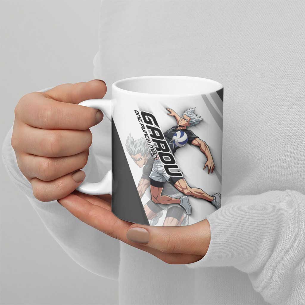 Personalized Garou Volleyball Action Design Ceramic Mug with Monochrome Stripes and Dynamic Pose